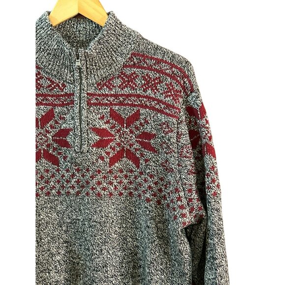 Vintage Croft Barrow Black Gray Red Quarter Zip Snowflake Long Sleeve Sweater - Picture 2 of 7